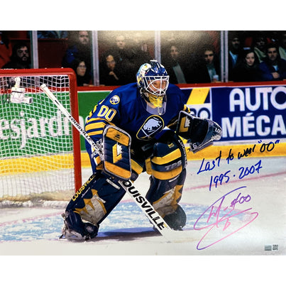 Marty Biron Signed In Goal 16x20 Photo with "Last To Wear 00" + "1995-2007" Signed Hockey Photo TSE Buffalo 