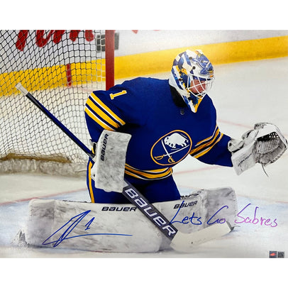 Ukko-Pekka Luukkonen Signed In Net in Blue 16x20 Photo with Let's Go Sabres Signed Hockey Photo TSE Buffalo 