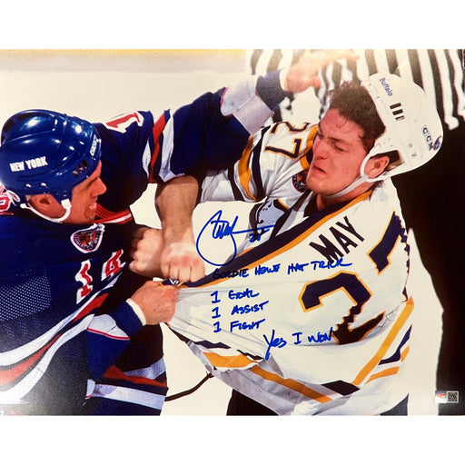 Brad May Signed Fighting 16x20 Photo with "Gordie Howe Hat Trick," "1 Goal, 1 Assist, 1 Fight" + "Yes, I Won" Signed Hockey Photo TSE Buffalo 