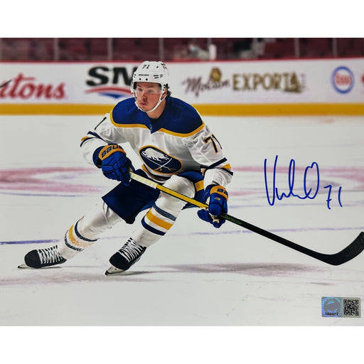 Victor Olofsson Stopping in White vs. Canadiens Signed Photo Signed Hockey Photos TSE Buffalo 8x10 