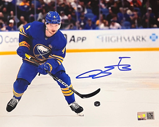 SMUDGED: Bowen Byram Signed Blue Jersey with Puck 8x10 Photo (smudged) CLEARANCE TSE Buffalo 