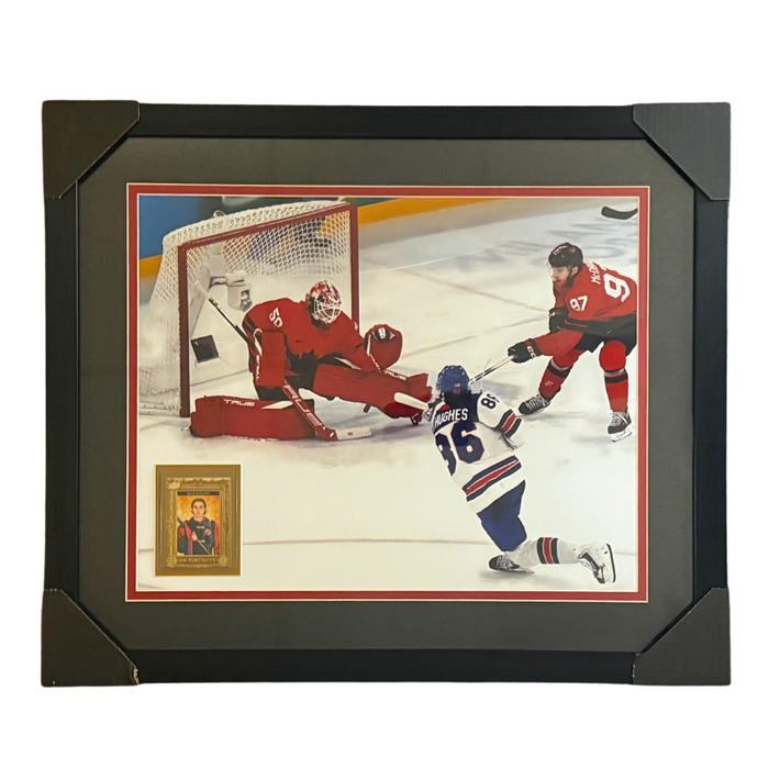 Jack Hughes Unsigned 2026 USA Olympics Golden Goal 16x20 Photo with Trading Card Professionally Framed