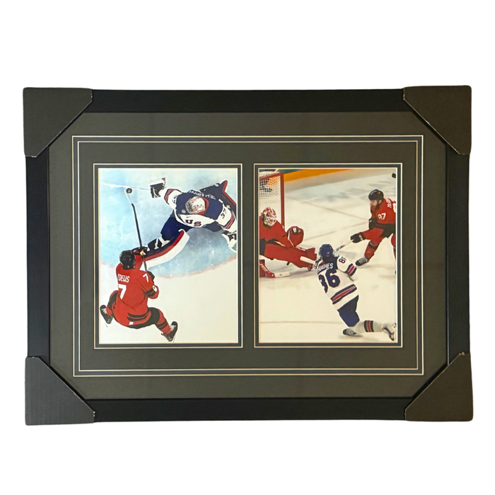 Jack Hughes and Connor Hellebuyck Unsigned Golden Goal and Stick Save Dual 8x10 Photo Professionally Framed