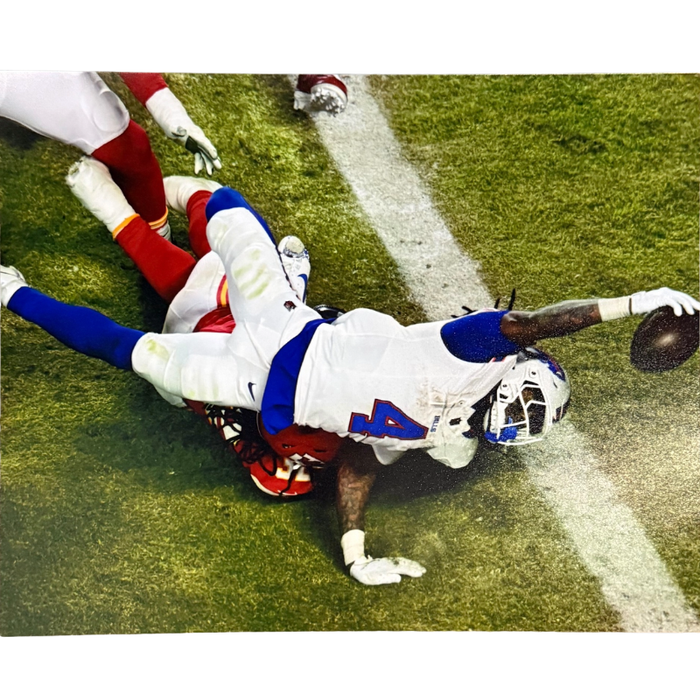 James Cook Unsigned Endzone Reach vs. Chiefs 8x10 Photo