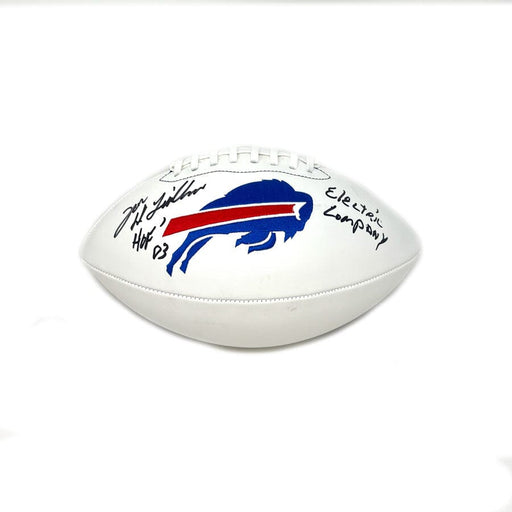 Joe DeLamielleure Signed Buffalo Bills White Logo Football with HOF 03 and Electric Company Signed Footballs TSE Buffalo 