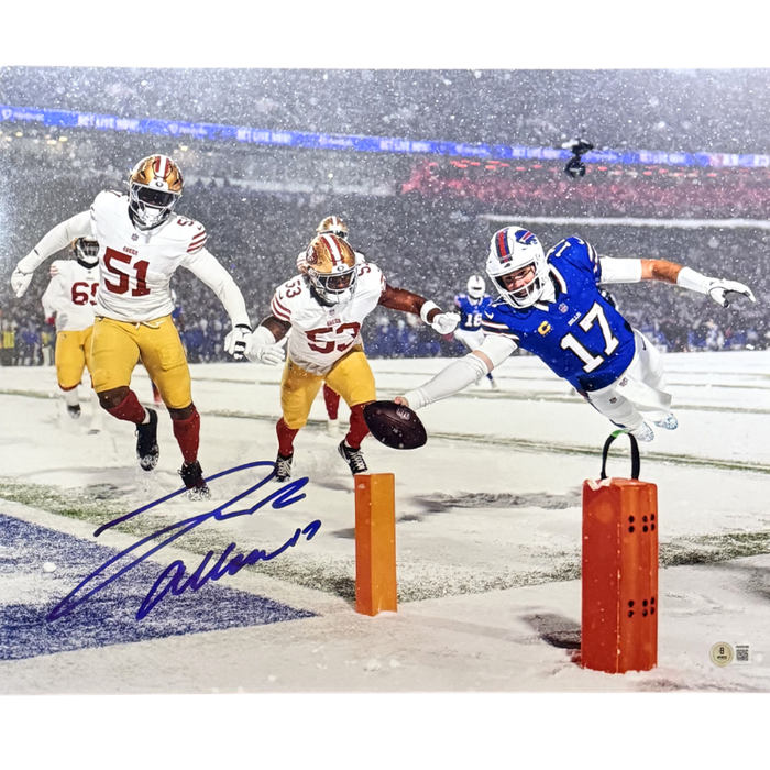 Josh Allen Signed Iconic Diving Pylon Touchdown vs. San Francisco 49ers Photo