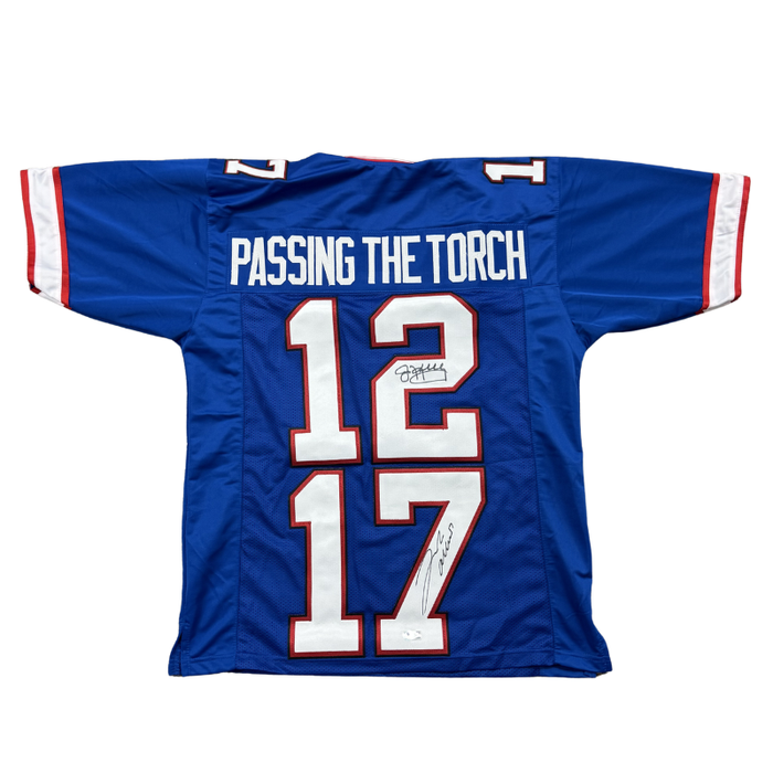 Josh Allen and Jim Kelly Dual Signed Pro-Style Passing the Torch Blue Football Jersey
