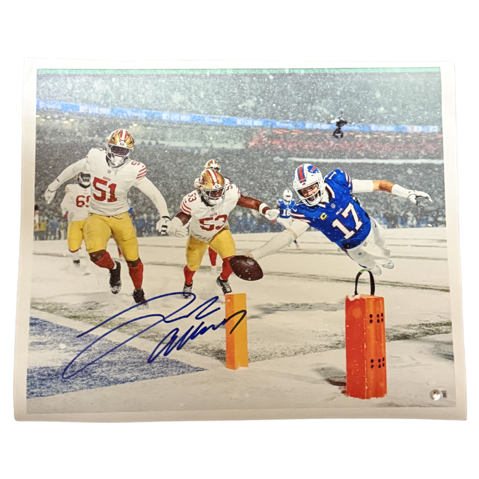 Josh Allen Signed Iconic Diving Pylon Touchdown vs. San Francisco 49ers Photo