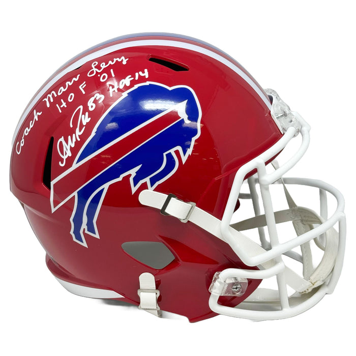 Marv Levy and Andre Reed Dual Signed Buffalo Bills Full Size Red TB Speed Replica Helmet Signed Helmets TSE Buffalo 