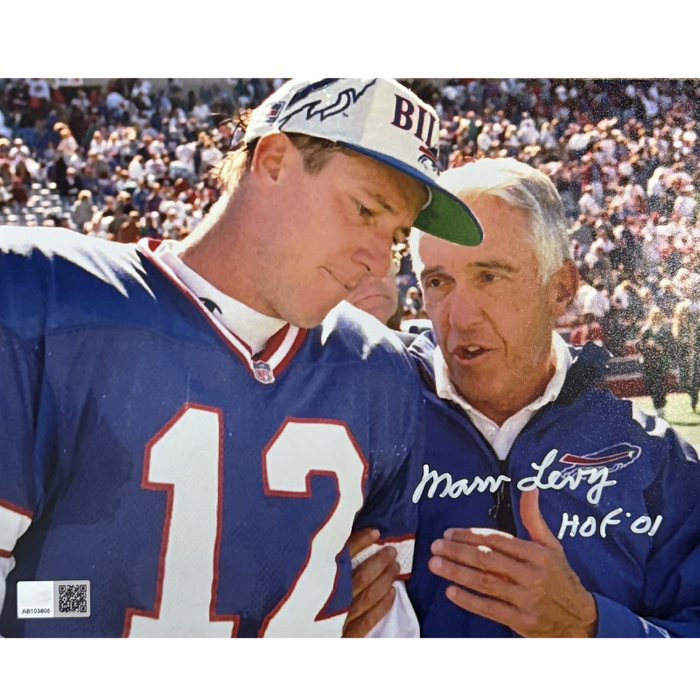 Marv Levy Signed Talking to Jim Kelly 8x10 Photo