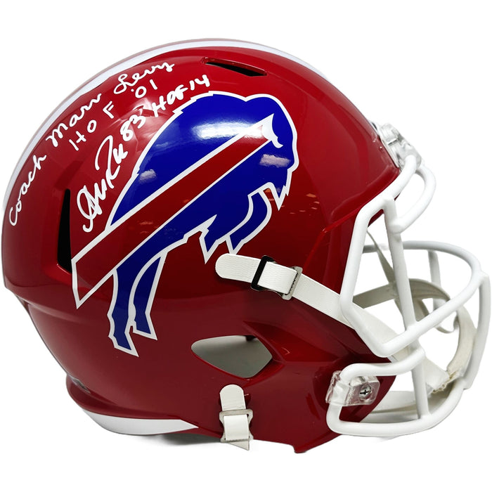 Marv Levy and Andre Reed Dual Signed Buffalo Bills Full Size Red TB Speed Replica Helmet Signed Helmets TSE Buffalo Levy Inscription: Coach and HOF 01 / Reed Inscription: HOF 14 