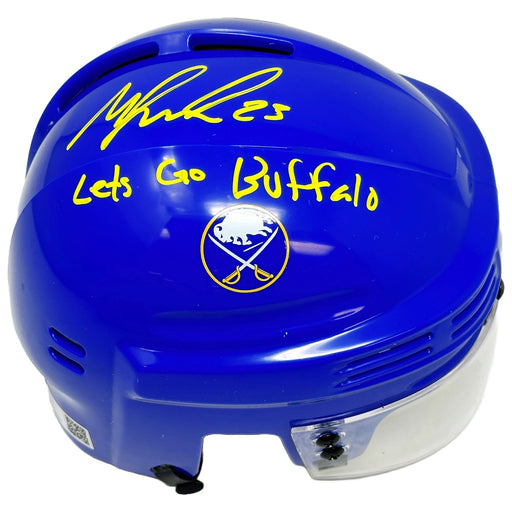 Mattias Samuelsson Signed Buffalo Sabres Blue Mini Helmet with Lets Go Sabres Signed Hockey Mini Helmet TSE Buffalo 