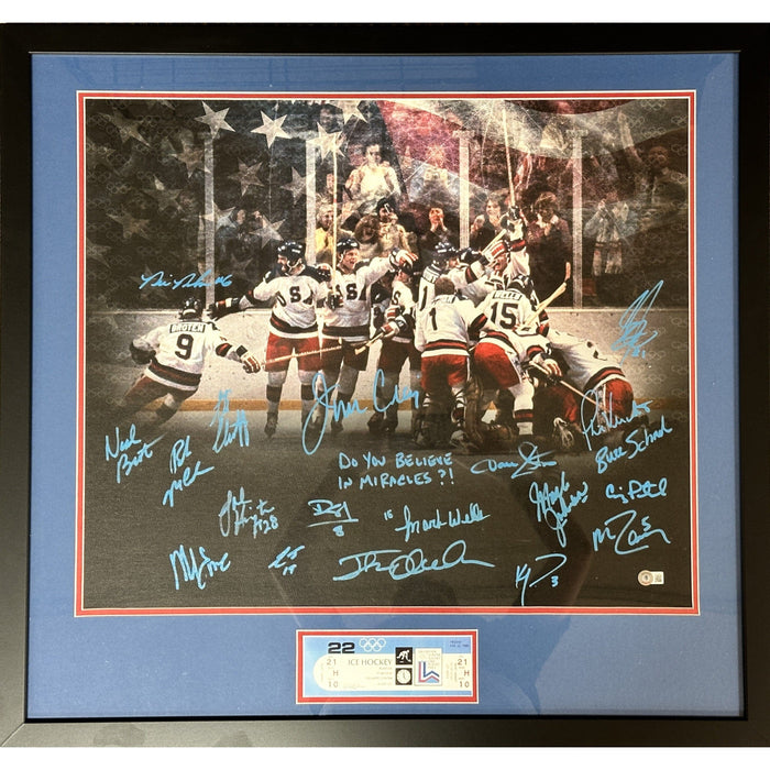 Team USA 1980 Miracle on Ice Celebration Signed 16x20 Photo with Replica Ticket w/ "Do You Believe In Miracles?"- Professionally Framed Signed Photos TSE Framed 