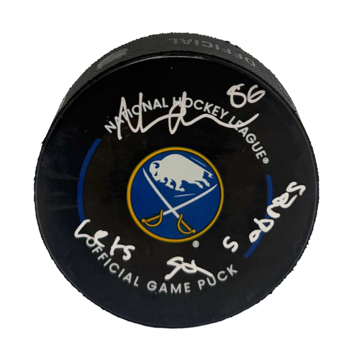 Noah Ostlund Signed Buffalo Sabres Official Game Model Hockey Puck Inscribed "Let's Go Sabres"