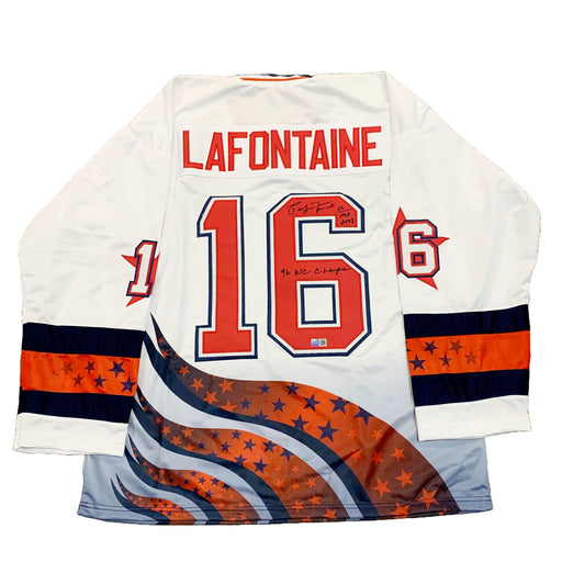 Pat LaFontaine Signed Custom Team USA Stitched Jersey with HOF 2003 + 96 W.C Champs Signed Hockey Jersey TSE Buffalo 