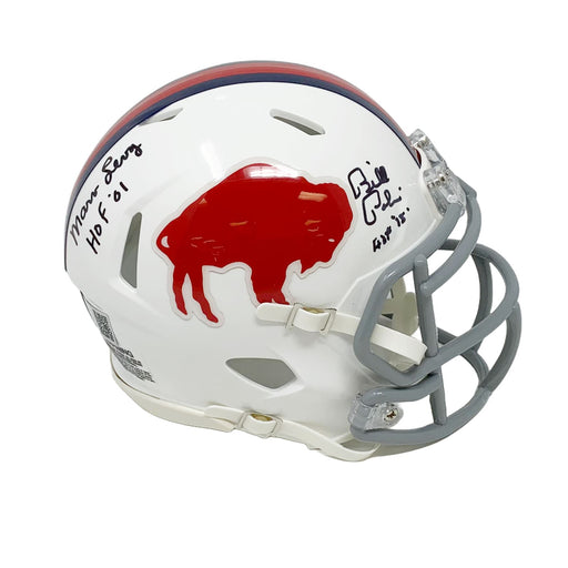 Marv Levy and Bill Polian Dual Signed Standing Buffalo Mini Helmet with HOF 01 and HOF 15 Signed Mini Helmets TSE Buffalo 