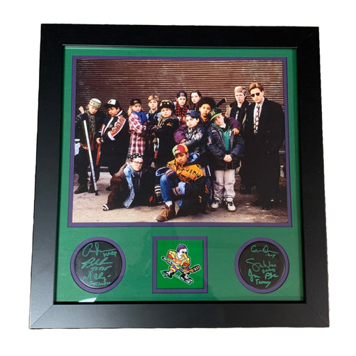 Mighty Ducks Cast Signed Hockey Pucks + Unsigned 11x14 Photo - Professionally Framed Signed Movie TSE Framed 