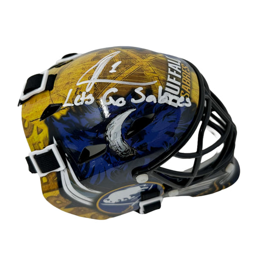Ukko-Pekka Luukkonen Signed Sabres Mini Goalie Mask with Let's Go Sabres Signed Hockey Mini Helmet TSE Buffalo 