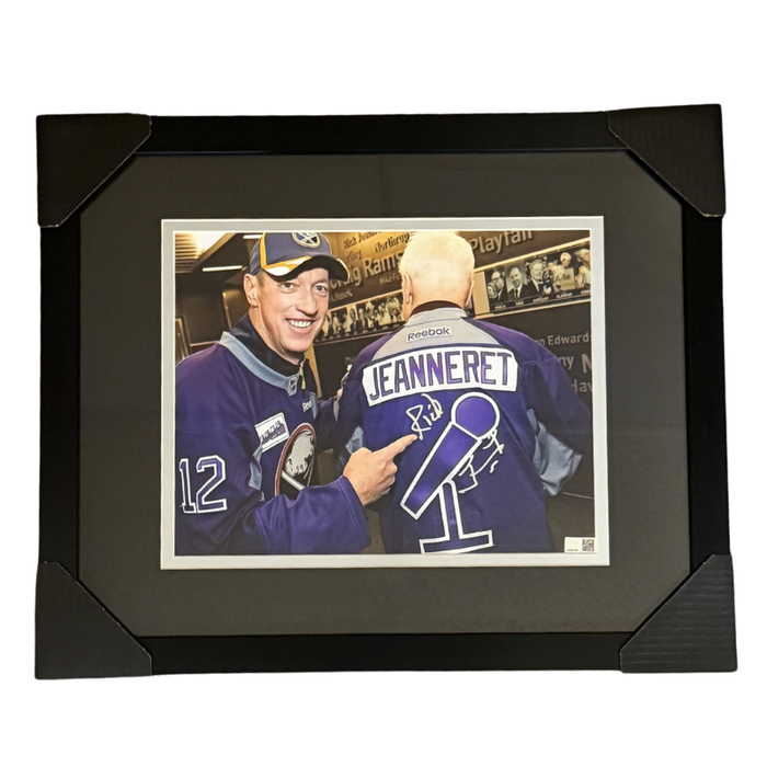 Rick Jeanneret Signed Jim Kelly Pointing to Unique Microphone Jersey 11x14 Photo Professionally Framed