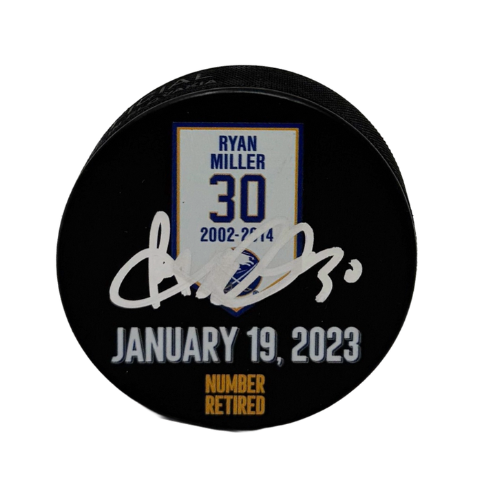Ryan Miller Signed Buffalo Sabres Retirement Banner Hockey Puck