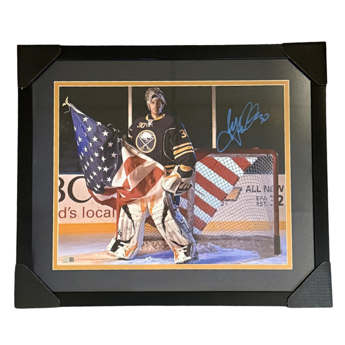 Ryan Miller Signed Holding USA Flag in Net 16x20 Photo Professionally Framed