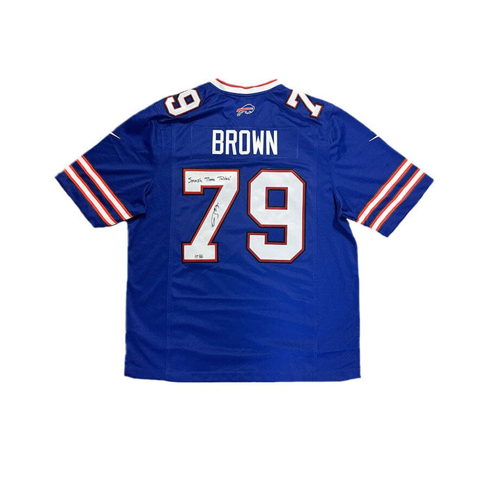 Spencer Brown Signed Buffalo Bills Blue Nike Authentic Stitched Jersey with Smash Those Tables Signed Jersey TSE Buffalo 