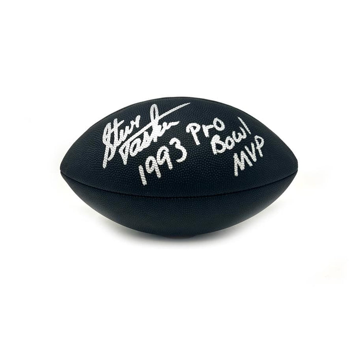 Steve Tasker Signed Buffalo Bills Black Logo Football with "1993 Pro Bowl MVP" Signed Footballs TSE Buffalo 