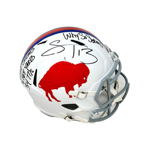 Stevie Johnson Signed Buffalo Bills Full Size Standing Buffalo Speed Replica Helmet with Career Stats and Why So Serious Signed Full Size Helmets TSE Buffalo 