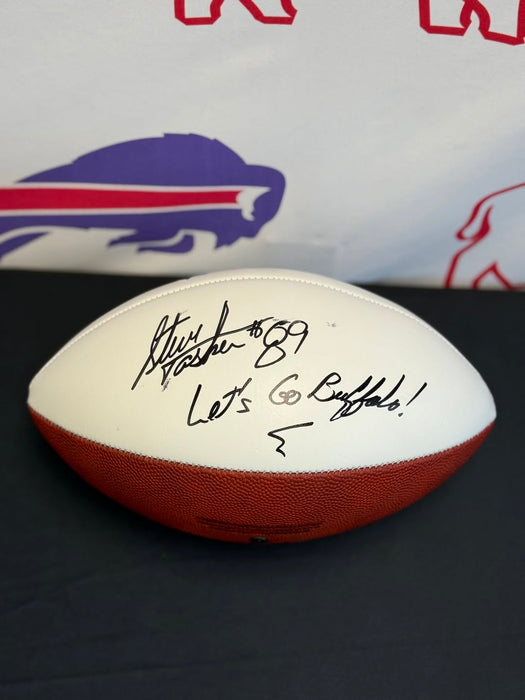 Facebook Auction: Steve Tasker Signed White Logo Football w/ "Lets Go Buffalo" (Smudged)
