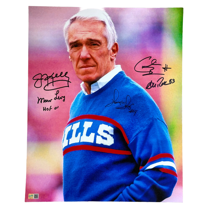 Marv Levy Multi-Signed (Reed, Levy, Kelly, Thomas & Bennett) Wearing Bills Sweater 16x20 Photo