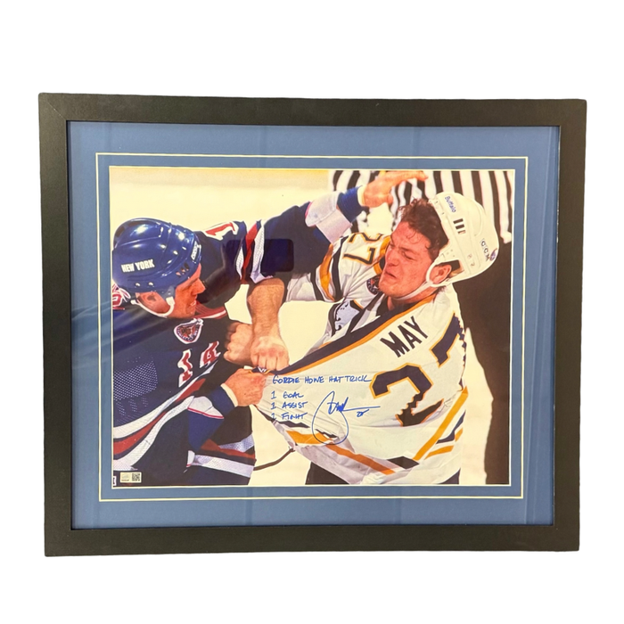 Brad May Signed Fighting Ranger 16x20 Photo with "Gordie Howe Hat Trick" - Professionally Framed