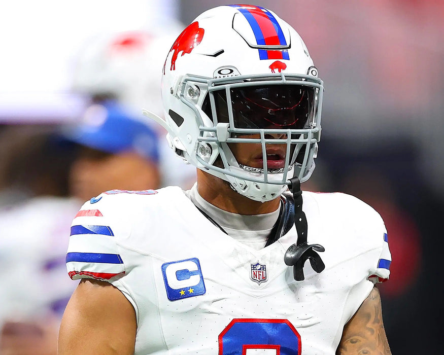 PRE-SALE: Terrel Bernard Signed Blacked Out Visor in Standing Buffalo Photo