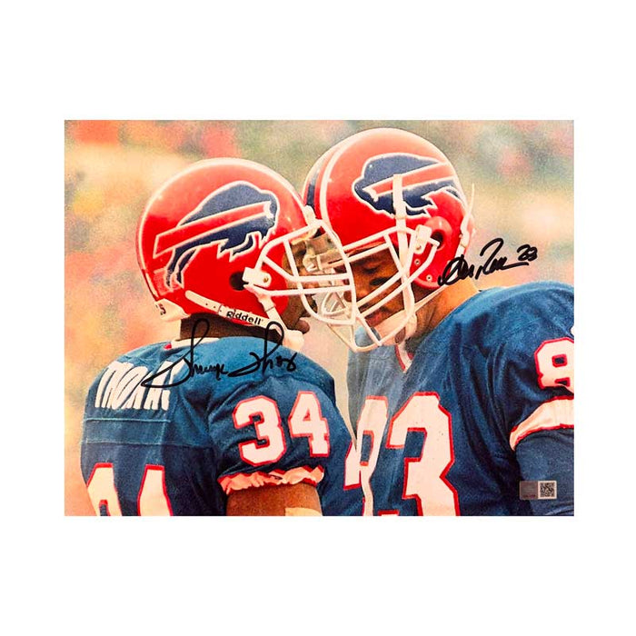Thurman Thomas and Andre Reed Dual Signed Touching Helmets 11x14 Photo