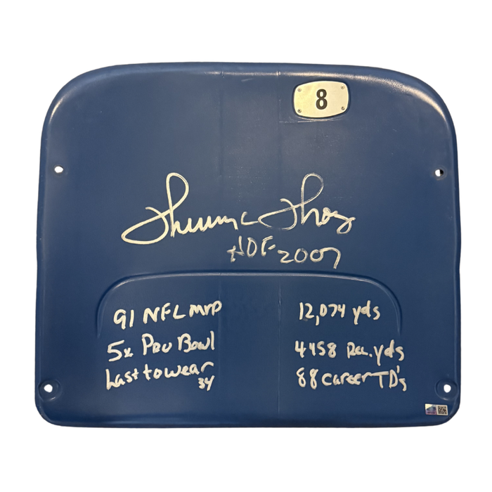 Thurman Thomas Autographed Authentic Highmark Stadium Blue Seatback with "HOF 2007" and "STATS"