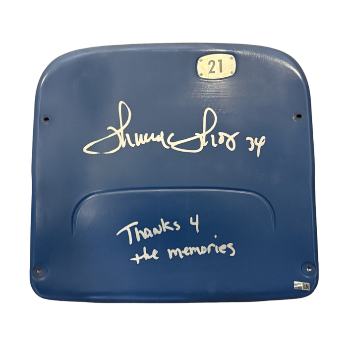 Thurman Thomas Autographed Authentic Highmark Stadium Blue Seatback with "Thanks 4 the Memories"
