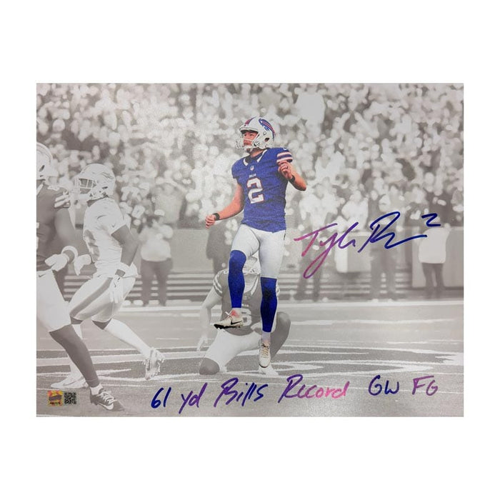 Tyler Bass Signed Game Winning Field Goal vs Miami Spotlight 11x14 Photo with 61 Yd Bills Record GW FG Signed Photos TSE Buffalo 