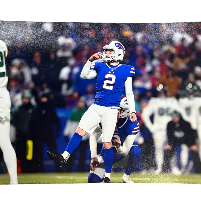 Tyler Bass After Kick in Blue Unsigned 8x10 Photo