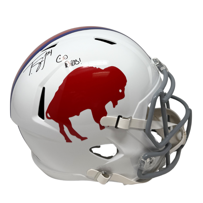 Tyrell Shavers Signed Buffalo Bills Full Size Standing Buffalo Speed Replica Helmet with "Go Bills"
