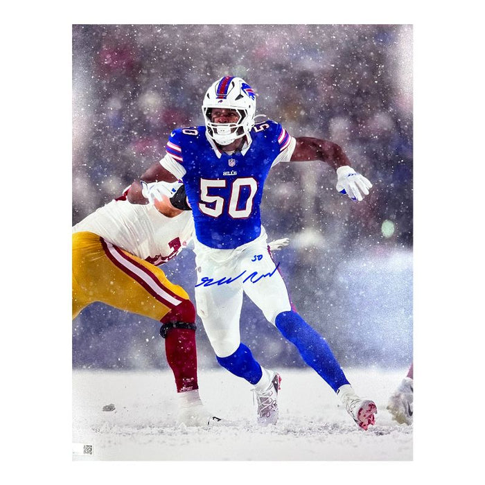 DOORBUSTER: Greg Rousseau Signed Rushing in Snow vs 49ers Photo