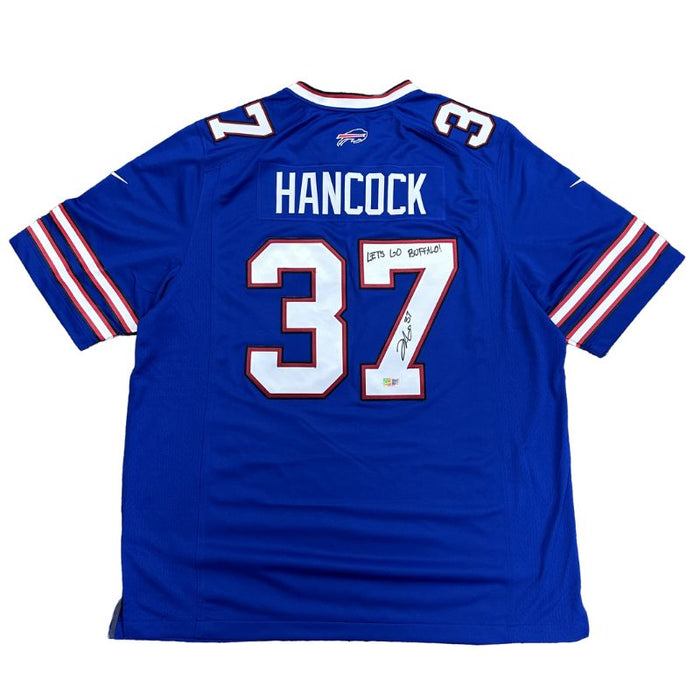 Jordan Hancock Signed Buffalo Bills Nike Authentic Blue Stitched Jersey with “Let’s Go Buffalo”