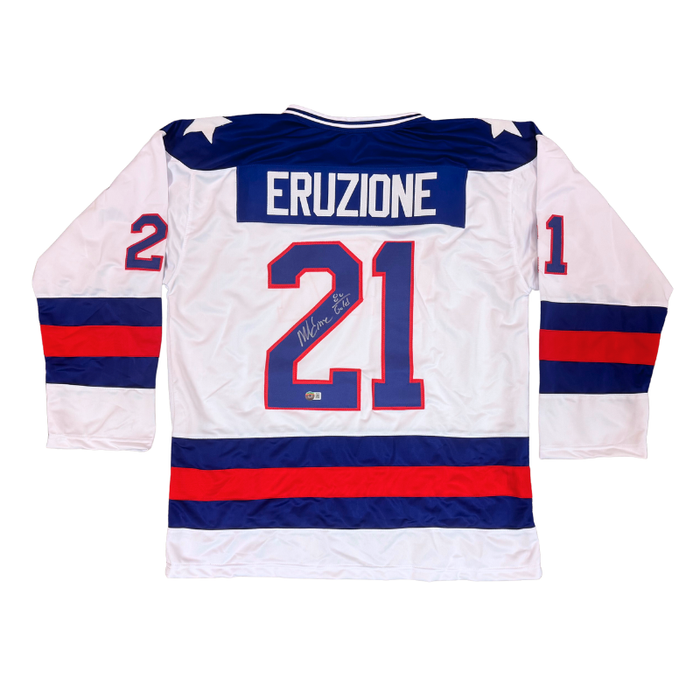 Mike Eruzione Signed Pro-Syle White USA Hockey Jersey with "1980 Gold"