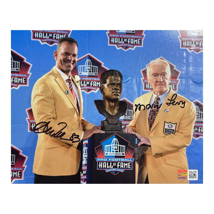 Andre Reed and Marv Levy Dual Signed Standing with Hall of Fame Bust 8x10 Photo