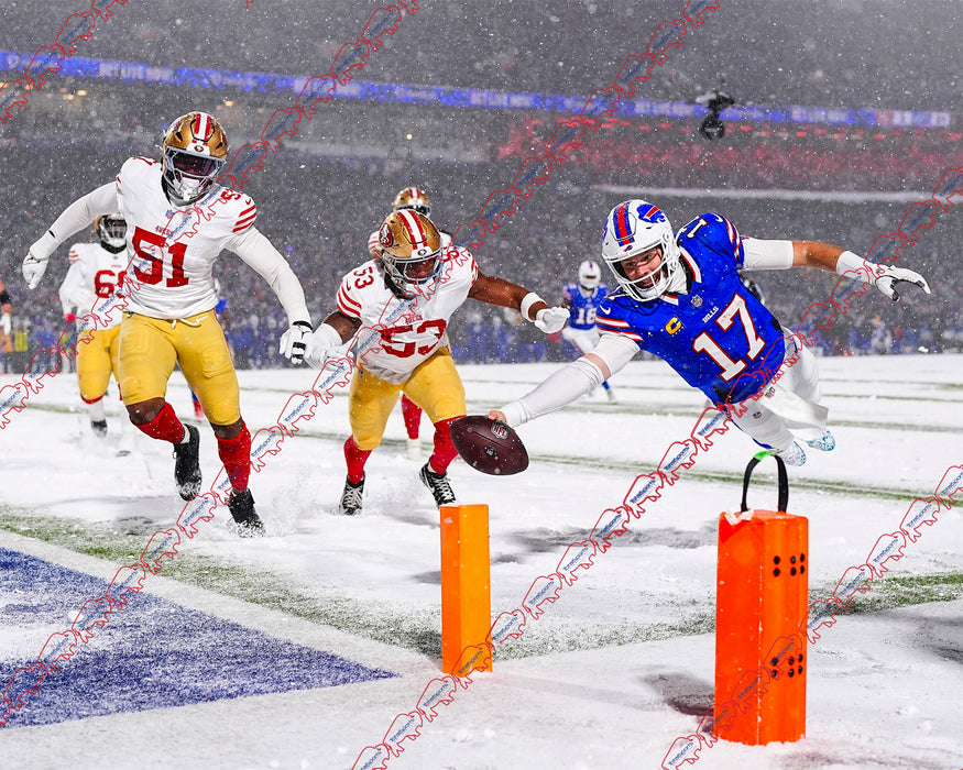 PRE-SALE: Josh Allen Signed 49ers Pylon Dive Photo