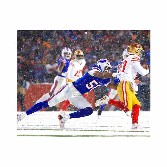 PRE-SALE: Greg Rousseau Signed Tackle in Snow Photo