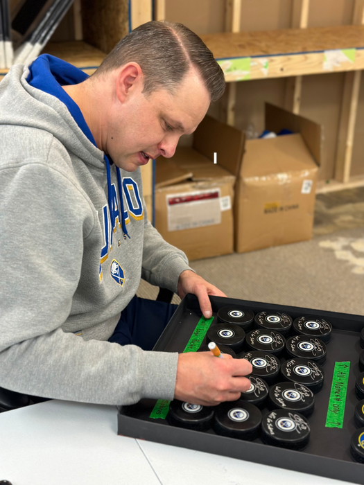 Martin Biron Signed Buffalo Sabres Small Logo Hockey Puck with Let's Go Sabres