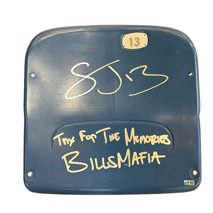 Stevie Johnson Autographed Authentic Highmark Stadium Blue Seatback with "Thanks For The Memories Bills Mafia"