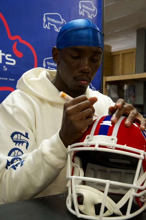 Tyrell Shavers Signed Buffalo Bills Full Size Red Throwback Speed Replica Helmet with "Let's Go Buffalo"