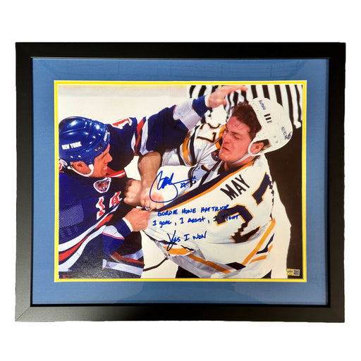 Brad May Signed Fighting 16x20 Photo with "Gordie Howe Hat Trick," "1 Goal, 1 Assist, 1 Fight" + "Yes, I Won"- Professionally Framed Signed Photos TSE Framed 