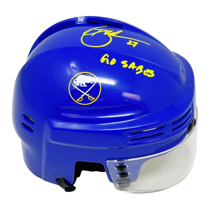 Brad May Signed Buffalo Sabres Blue Mini Helmet with "Lets Go Sabres" Signed Hockey Helmet TSE Buffalo "Go Sabres" 