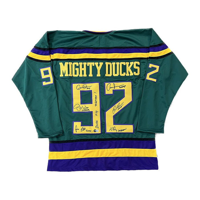 Mighty Ducks Cast Signed Green Jersey with "Ducks Fly Together!" Signed Hockey Jersey TSE Buffalo 